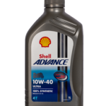 A 1-liter bottle of SHELL ADVANCE 4T ULTRA 10W-40 features a gray cap and a label with the Shell logo and product details in red, blue, and white.