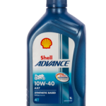 A 1-liter bottle of SHELL ADVANCE 4T AX7 10W-40 motorcycle oil in blue, with the Shell logo and product details on the front label.