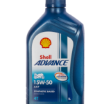 A 1-liter bottle of SHELL ADVANCE 4T AX7 15W-50 motorcycle oil with a blue design, featuring the Shell logo and product details on the label.