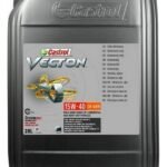 A large black 20L container of CASTROL VECTON 15W-40 CK-4/E9 displays the brand logo, product name, viscosity grade, and multilingual text for commercial vehicle engines.