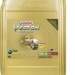 A 20L gold container of CASTROL VECTON Long Drain 10W-40 E6/E9 features the Castrol logo, product name, oil type, and engine parts images on the front.