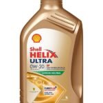 A 1-liter SHELL HELIX ULTRA SP 0W-20 bottle with a gold body, red/white/yellow label, and carbon neutral plus PurePlus Technology text.