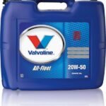A 20-liter container of VALVOLINE ALL FLEET 20W-50 engine oil, blue with a handle, displays the Valvoline logo and product details on the front label.